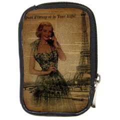 Retro Telephone Lady Vintage Newspaper Print Pin Up Girl Paris Eiffel Tower Compact Camera Leather Case