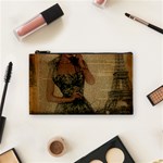 Retro Telephone Lady Vintage Newspaper Print Pin Up Girl Paris Eiffel Tower Cosmetic Bag (Small) Front