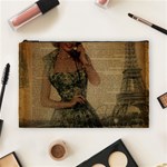 Retro Telephone Lady Vintage Newspaper Print Pin Up Girl Paris Eiffel Tower Cosmetic Bag (Large) Front