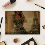 Retro Telephone Lady Vintage Newspaper Print Pin Up Girl Paris Eiffel Tower Cosmetic Bag (Large) Back