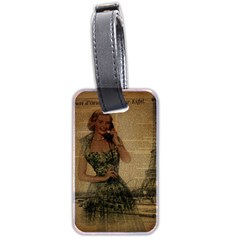 Retro Telephone Lady Vintage Newspaper Print Pin Up Girl Paris Eiffel Tower Luggage Tag (two Sides) by chicelegantboutique