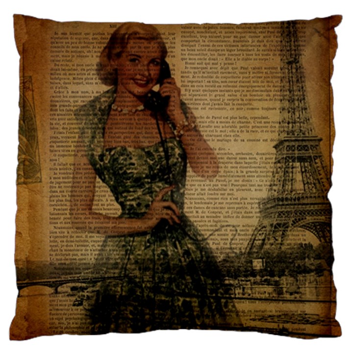 Retro Telephone Lady Vintage Newspaper Print Pin Up Girl Paris Eiffel Tower Large Cushion Case (Single Sided) 