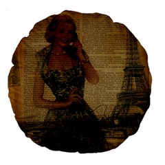 Retro Telephone Lady Vintage Newspaper Print Pin Up Girl Paris Eiffel Tower 18  Premium Round Cushion  by chicelegantboutique