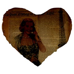 Retro Telephone Lady Vintage Newspaper Print Pin Up Girl Paris Eiffel Tower 19  Premium Heart Shape Cushion by chicelegantboutique