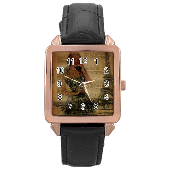 Retro Telephone Lady Vintage Newspaper Print Pin Up Girl Paris Eiffel Tower Rose Gold Leather Watch 