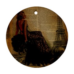 Elegant Evening Gown Lady Vintage Newspaper Print Pin Up Girl Paris Eiffel Tower Round Ornament by chicelegantboutique