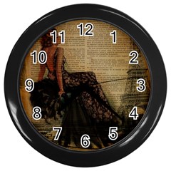 Elegant Evening Gown Lady Vintage Newspaper Print Pin Up Girl Paris Eiffel Tower Wall Clock (black) by chicelegantboutique