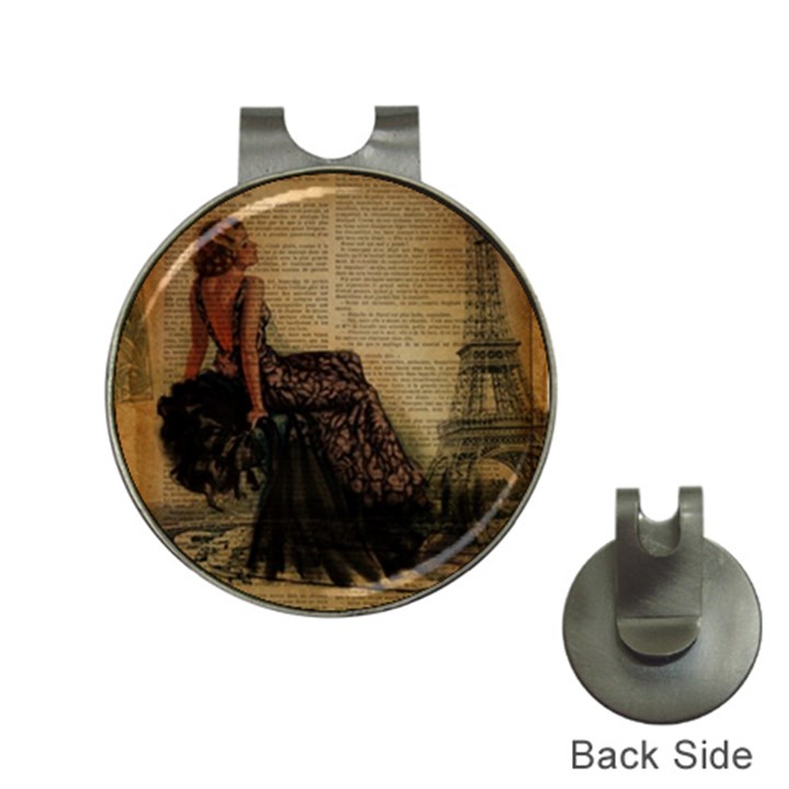 Elegant Evening Gown Lady Vintage Newspaper Print Pin Up Girl Paris Eiffel Tower Hat Clip with Golf Ball Marker