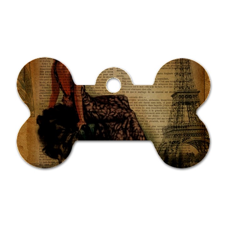 Elegant Evening Gown Lady Vintage Newspaper Print Pin Up Girl Paris Eiffel Tower Dog Tag Bone (One Sided)