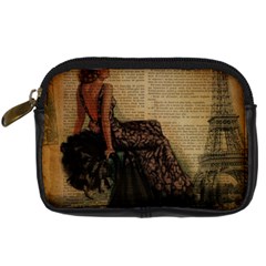 Elegant Evening Gown Lady Vintage Newspaper Print Pin Up Girl Paris Eiffel Tower Digital Camera Leather Case