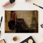 Elegant Evening Gown Lady Vintage Newspaper Print Pin Up Girl Paris Eiffel Tower Cosmetic Bag (Large) Back