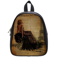 Elegant Evening Gown Lady Vintage Newspaper Print Pin Up Girl Paris Eiffel Tower School Bag (small) by chicelegantboutique