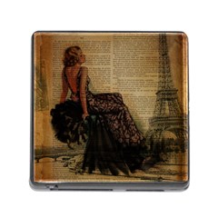 Elegant Evening Gown Lady Vintage Newspaper Print Pin Up Girl Paris Eiffel Tower Memory Card Reader With Storage (square) by chicelegantboutique