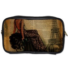 Elegant Evening Gown Lady Vintage Newspaper Print Pin Up Girl Paris Eiffel Tower Travel Toiletry Bag (one Side)