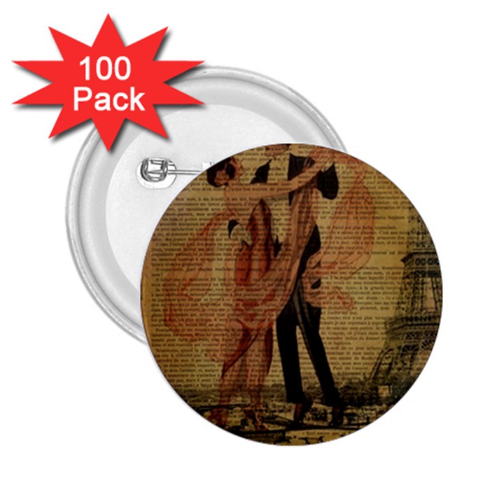 Vintage Paris Eiffel Tower Elegant Dancing Waltz Dance Couple  2.25  Button (100 pack)