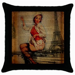  Vintage Newspaper Print Pin Up Girl Paris Eiffel Tower Funny Vintage Retro Nurse  Black Throw Pillow Case by chicelegantboutique