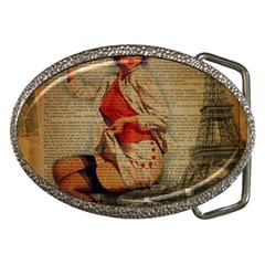  Vintage Newspaper Print Pin Up Girl Paris Eiffel Tower Funny Vintage Retro Nurse  Belt Buckle (oval) by chicelegantboutique