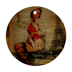  Vintage Newspaper Print Pin Up Girl Paris Eiffel Tower Funny Vintage Retro Nurse  Round Ornament (two Sides)