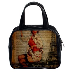  Vintage Newspaper Print Pin Up Girl Paris Eiffel Tower Funny Vintage Retro Nurse  Classic Handbag (two Sides) by chicelegantboutique