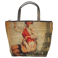  Vintage Newspaper Print Pin Up Girl Paris Eiffel Tower Funny Vintage Retro Nurse  Bucket Bag by chicelegantboutique