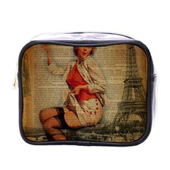  Vintage Newspaper Print Pin Up Girl Paris Eiffel Tower Funny Vintage Retro Nurse  Mini Travel Toiletry Bag (one Side) by chicelegantboutique