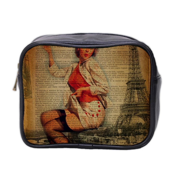  Vintage Newspaper Print Pin Up Girl Paris Eiffel Tower Funny Vintage Retro Nurse  Mini Travel Toiletry Bag (Two Sides)