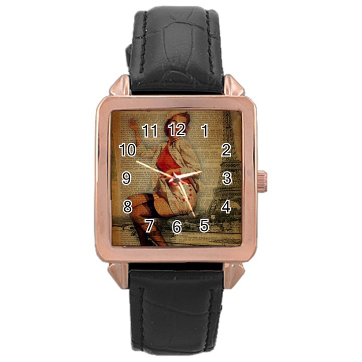  Vintage Newspaper Print Pin Up Girl Paris Eiffel Tower Funny Vintage Retro Nurse  Rose Gold Leather Watch 