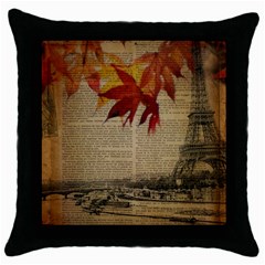 Elegant Fall Autumn Leaves Vintage Paris Eiffel Tower Landscape Black Throw Pillow Case by chicelegantboutique