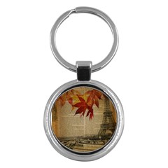 Elegant Fall Autumn Leaves Vintage Paris Eiffel Tower Landscape Key Chain (round) by chicelegantboutique