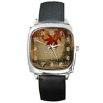 Elegant Fall Autumn Leaves Vintage Paris Eiffel Tower Landscape Square Leather Watch Front