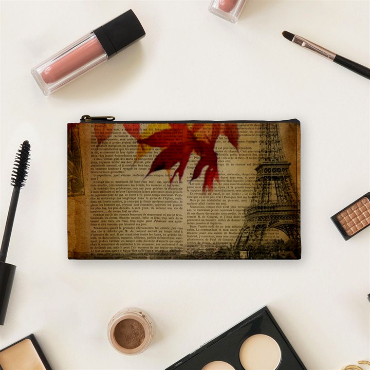 Elegant Fall Autumn Leaves Vintage Paris Eiffel Tower Landscape Cosmetic Bag (Small)