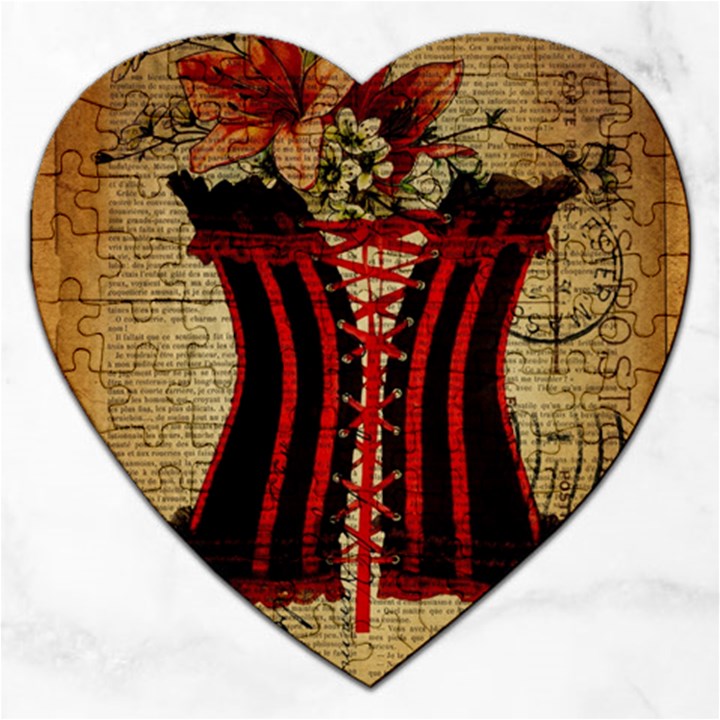 Black Red Corset Vintage Lily Floral Shabby Chic French Art Jigsaw Puzzle (Heart)