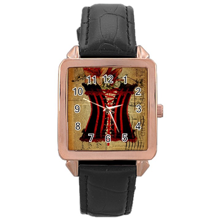 Black Red Corset Vintage Lily Floral Shabby Chic French Art Rose Gold Leather Watch 