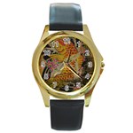 Funky Japanese Tattoo Koi Fish Graphic Art Round Metal Watch (Gold Rim)  Front