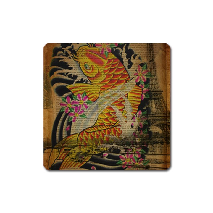 Funky Japanese Tattoo Koi Fish Graphic Art Magnet (Square)