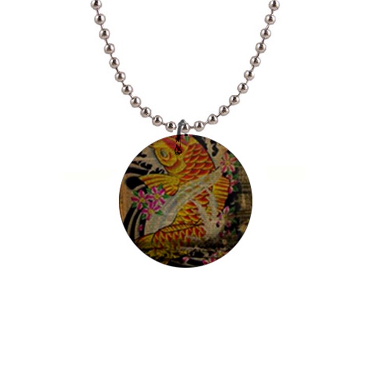 Funky Japanese Tattoo Koi Fish Graphic Art Button Necklace