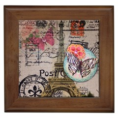 Floral Scripts Butterfly Eiffel Tower Vintage Paris Fashion Framed Ceramic Tile by chicelegantboutique