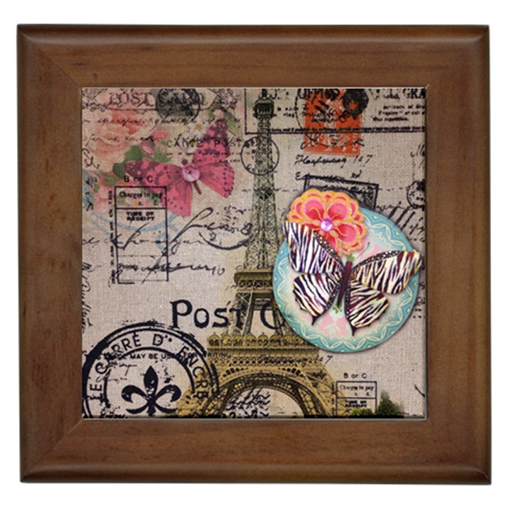 Floral Scripts Butterfly Eiffel Tower Vintage Paris Fashion Framed Ceramic Tile