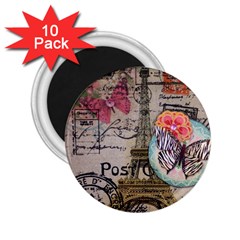 Floral Scripts Butterfly Eiffel Tower Vintage Paris Fashion 2 25  Button Magnet (10 Pack) by chicelegantboutique