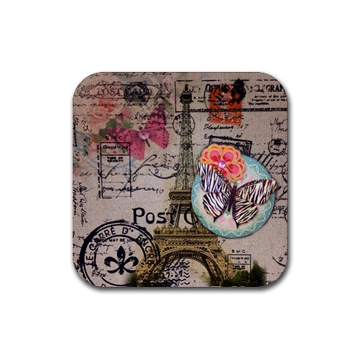 Floral Scripts Butterfly Eiffel Tower Vintage Paris Fashion Drink Coaster (Square)