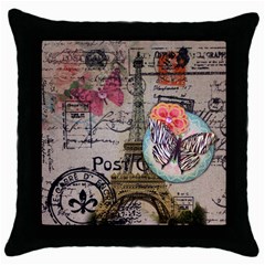 Floral Scripts Butterfly Eiffel Tower Vintage Paris Fashion Black Throw Pillow Case by chicelegantboutique