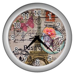 Floral Scripts Butterfly Eiffel Tower Vintage Paris Fashion Wall Clock (silver) by chicelegantboutique