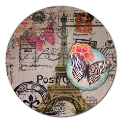 Floral Scripts Butterfly Eiffel Tower Vintage Paris Fashion Magnet 5  (round) by chicelegantboutique