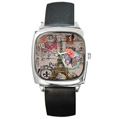 Floral Scripts Butterfly Eiffel Tower Vintage Paris Fashion Square Leather Watch by chicelegantboutique