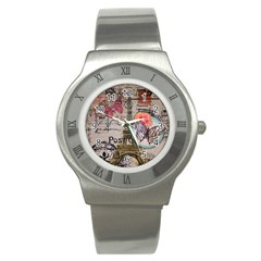 Floral Scripts Butterfly Eiffel Tower Vintage Paris Fashion Stainless Steel Watch (unisex) by chicelegantboutique