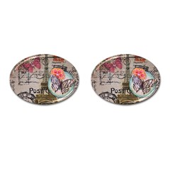 Floral Scripts Butterfly Eiffel Tower Vintage Paris Fashion Cufflinks (oval) by chicelegantboutique