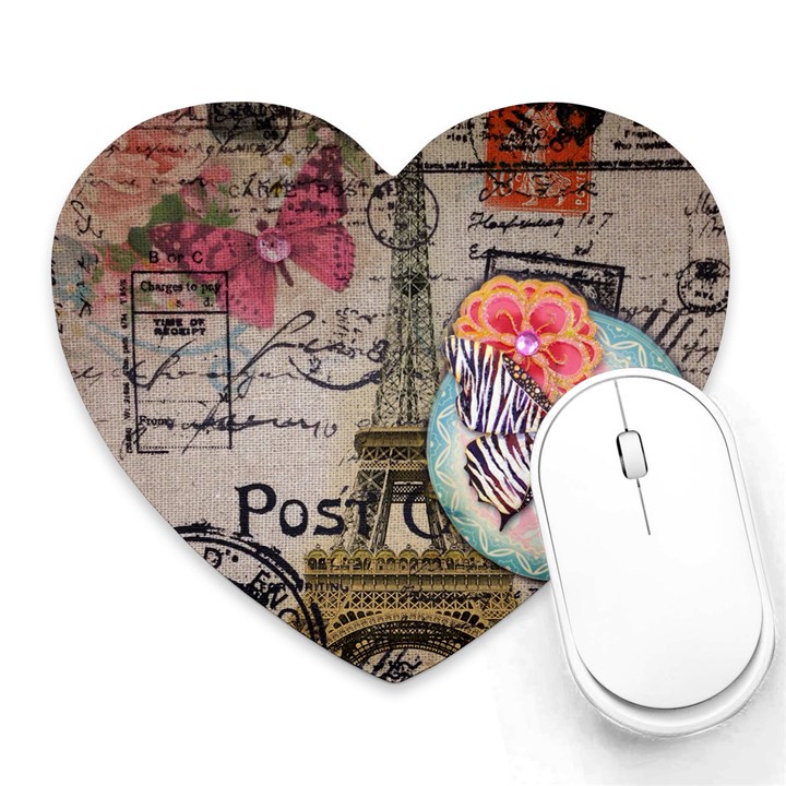 Floral Scripts Butterfly Eiffel Tower Vintage Paris Fashion Mouse Pad (Heart)