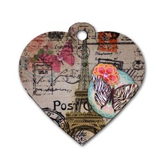 Floral Scripts Butterfly Eiffel Tower Vintage Paris Fashion Dog Tag Heart (two Sided) by chicelegantboutique