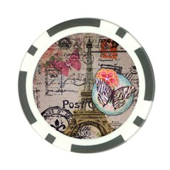 Floral Scripts Butterfly Eiffel Tower Vintage Paris Fashion Poker Chip by chicelegantboutique