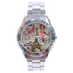 Floral Scripts Butterfly Eiffel Tower Vintage Paris Fashion Stainless Steel Watch (men s) by chicelegantboutique